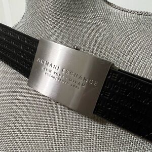 Armani Exchange Embossed Black Belt with Metallic Buckle